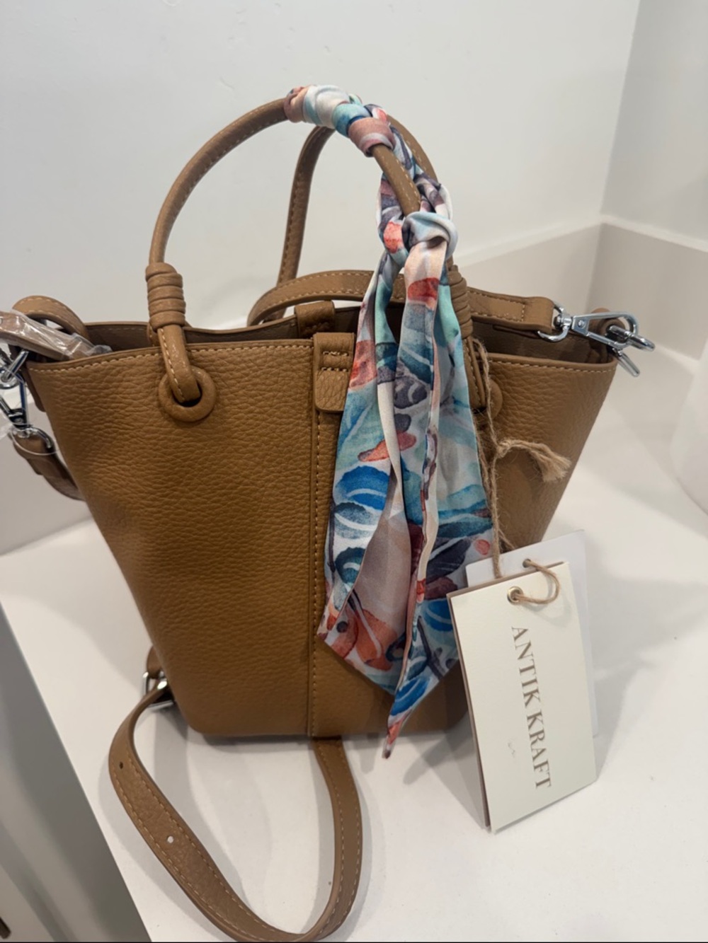 Antik Kraft Tan Pebbled Leather Mini Bucket Bag with Printed Scarf